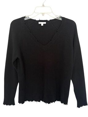 Minnie Rose 100% Cashmere Distressed V-Neck Sweater Black S